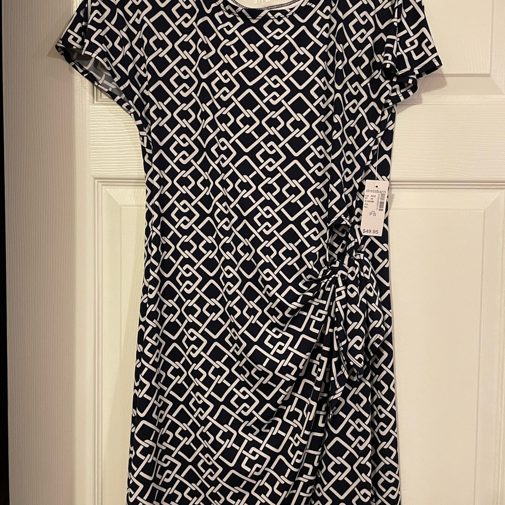 White Chain Print on Blue-side tie, faux wrap, dress, short-sleeves, knee length